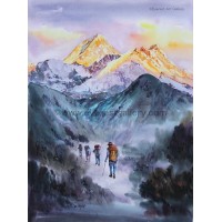 Sunrise view of Mount Everest  range with trekkers